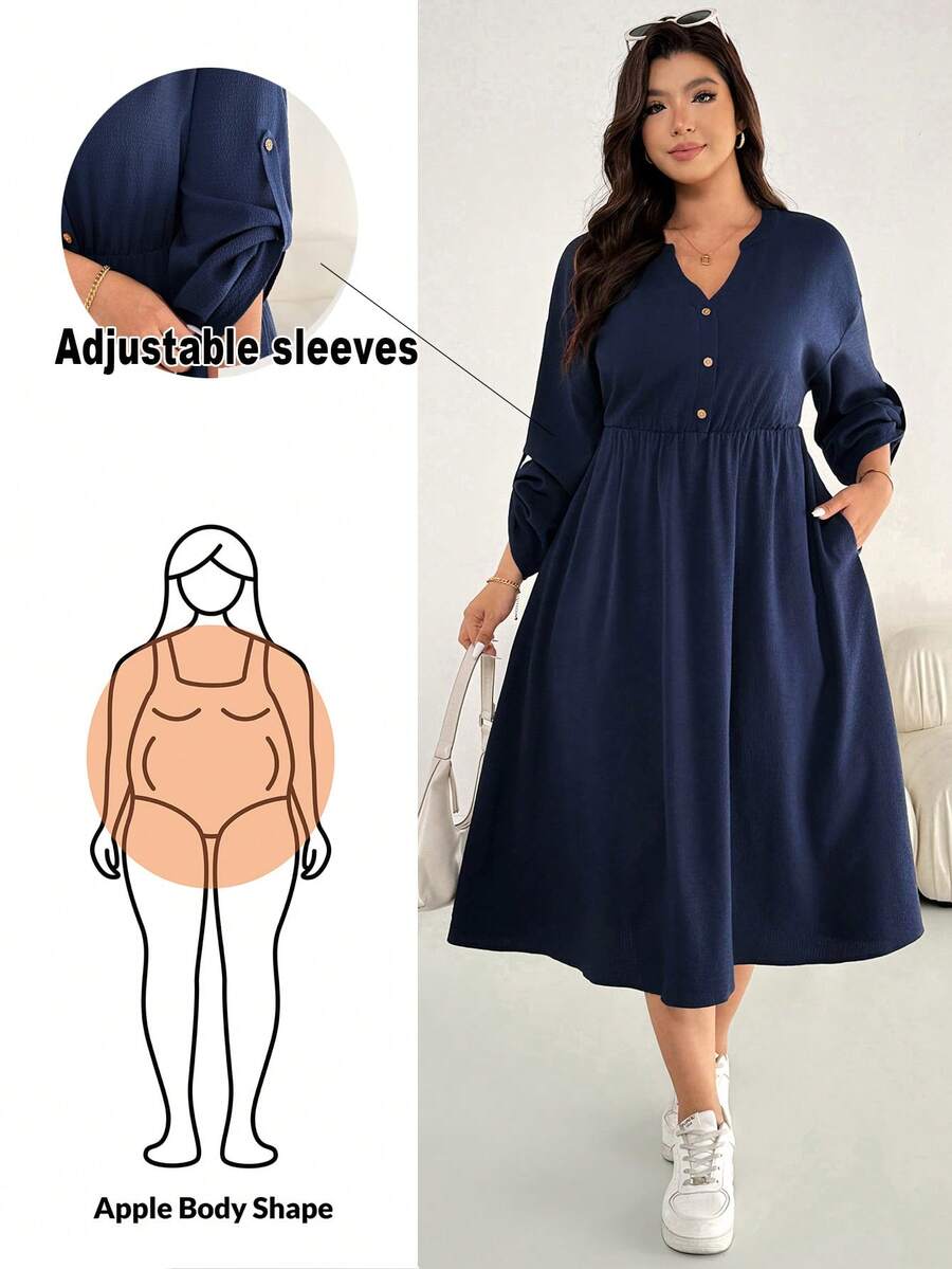 SHEIN Essnce 大码女装秋冬时尚休闲宽松舒适日常深蓝色 V 领长袖腰中长连衣裙带口袋，秋季服装，简约风格，工作服 - 藏蓝色 - 查看 1
