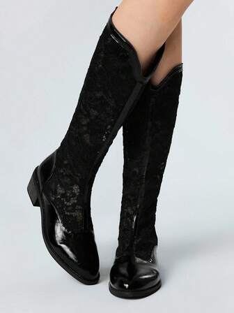 Goth Women's V-Cut Chunky Heel Tall Boots, Summer Knee-High Boots, PU Pointed Toe Mesh Hollow-Out High Shaft Boots Boots