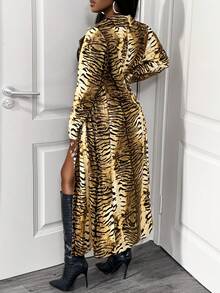 SHEIN BamGlam Women's Fashion Street Vacation Style Tiger Animal Print Lapel Collar Long Jacket - Brown - View 2