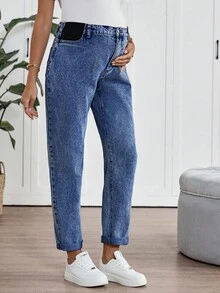 SHEIN 孕妇高腰时尚休闲宽松喇叭裤翻边牛仔裤，蓝色 - 深色水洗藍 - 查看 6