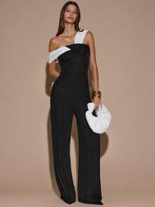 SHEIN BAE Autumn/Winter Solid Black & White Contrast Asymmetric Twist Shoulder Fitted Elegant Wide Leg Women's Jumpsuit, Versatile For Daily Wear, Date, Party, Gathering, Going Out - Black and White - View 5