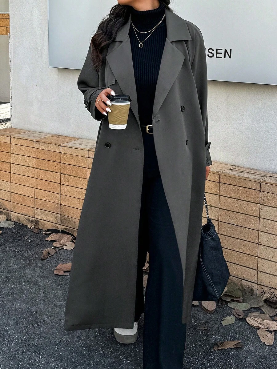 Calvaya 大码纯色前扣长袖休闲风衣