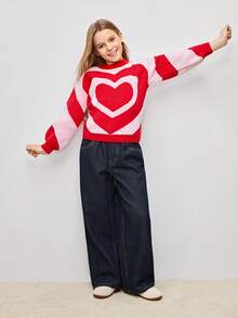 Tween Girl Heart Pattern Lantern Sleeve Sweater - Red - View 4