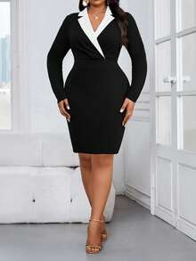 SHEIN Lady Elegantes Kleid für Damen in Große Größen mit Farbblockdesign, Kragen und langen Ärmeln - Schwarz und Weiss - Übersicht 3