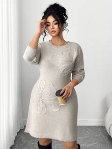 Elenzga Plus Size Women Elegant Floral Print Crew Neck Sweater Dress, Autumn/Winter - Khaki - View 3
