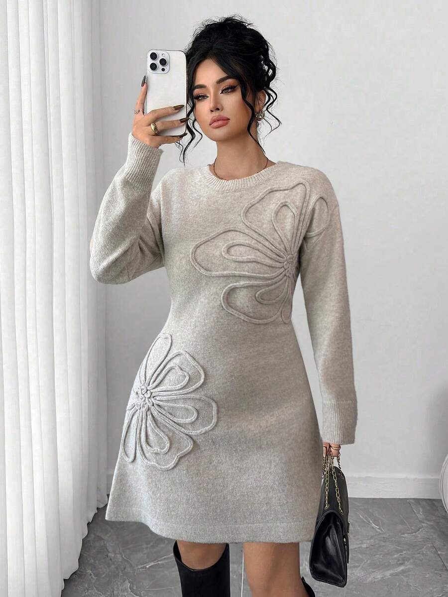 Elenzga Plus Size Women Elegant Floral Print Crew Neck Sweater Dress, Autumn/Winter - Khaki - View 1