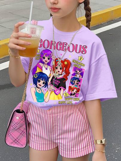SHEIN 淡紫色，K-POP卡通女孩图案，少女休闲简约短袖圆领T恤，适合所有季节日常穿着
