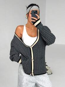 SHEIN Sports Loose Fit V-Neck Contrast Color Button Front Long Sleeve Dropped Shoulder Knit Cardigan Sweater Cardigan For Women - Grey - View 3