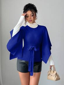 Elenzga Damen einfarbiger Pullover mit rundem Ausschnitt, Schlitzärmeln und Gürtel, Herbst/Winter - Königsblau - Übersicht 4