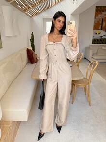 SHEIN Frenchy Combinaison femme à manches longues minimaliste de couleur unie, élégante pour le port quotidien - Nude - Voir 2