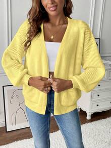 SHEIN LUNE Women's Short Cardigan With Pockets And Contrast Color - Yellow - View 6