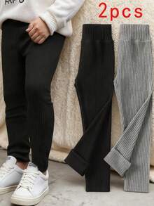 Genkimix Kids 2 件女童蝴蝶结刺绣打底裤，天鹅绒衬里，适合秋冬季日常休闲穿着 - 彩色 - 查看 1