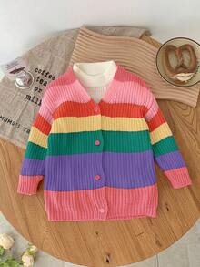 SHEIN Babygirl Cute Colorful Striped Cardigan Sweater, Versatile For Autumn/Winter - Multicolor - View 4