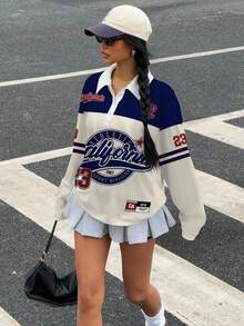 SHEIN EZwear 复古风复古运动数字 23 和字母印花拼色女式长袖 Polo 衫，适合秋冬季、复古、性感、可爱、Y2K、椰子女孩、波西米亚风、嬉皮士风格、音乐节 - 彩色 - 查看 5