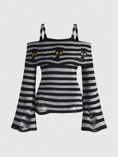 ROMWE Grunge Punk Grunge Style Vintage Striped Fitted Women Sweater