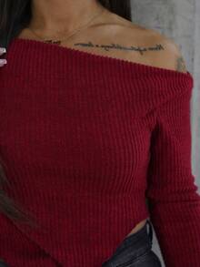SAYEHFBABY Grunge Asymmetrical Neck Rib-Knit Tee,Fall Women Going Out Tops - Red - View 6