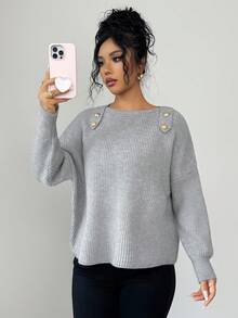 SHEIN Elenzya Women's Boat Neck Metal Button Dropped Shoulder Loose Fashion Sweater - Grey - View 3