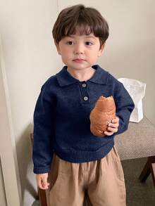 DAZY 幼儿男童休闲纯色翻领长袖毛衣，春秋季 - 藏蓝色 - 查看 4