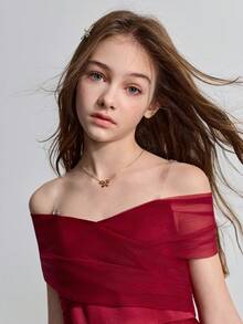 Ontre Tween Girl 勃艮第网眼拼接露肩优雅连衣裙 - 酒紅色 - 查看 5