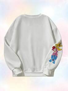 SHEIN Unity 女士秋冬白色卡通熊印花圆领长袖罗纹宽松羊毛套头衫，甜美可爱简约百搭，适合外出、通勤、办公室、休闲、约会、毕业季、日常穿着 - 白色 - 查看 2