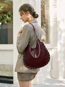 SHECARRY 女士纯色单肩包，适合日常通勤和旅行 - 酒紅色 - 查看 6