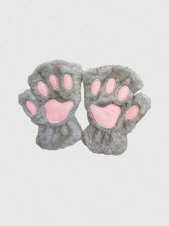 Kawaii Cute Cartoon Cat Paw Embroidered Fingerless Gloves, Warm Plush Half Finger Gloves For Cosplay, Casual Outdoor Use In Autumn/Winter