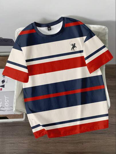 Manfinity Joysei Men's Embroidered Contrast Stripe Print Round Neck Short Sleeve T-Shirt
