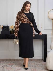 Modelyn Große Größen Damen Leopard Muster Patchwork Laternärmel figurbetontes elegantes Midi-Kleid für den Berufsalltag - Verschiedenfarbig - Übersicht 1