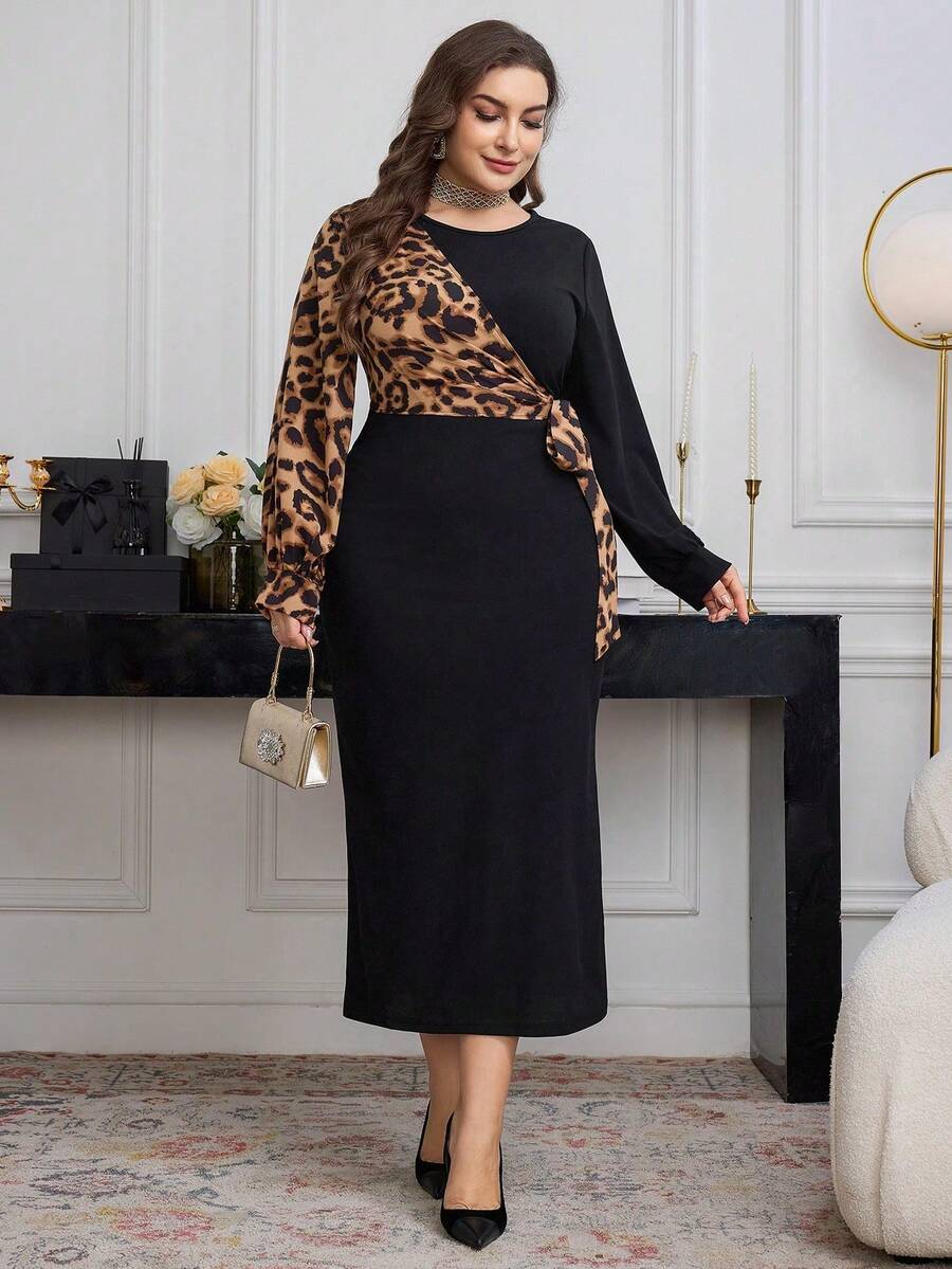 Modelyn Große Größen Damen Leopard Muster Patchwork Laternärmel figurbetontes elegantes Midi-Kleid für den Berufsalltag - Verschiedenfarbig - Übersicht 1