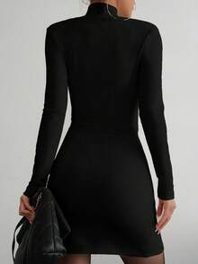 Aidyla 秋冬季修身高领不对称拉链针织连衣裙，剪裁合身，显瘦显瘦 - 黑色 - 查看 3