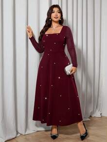 Modelyn Váy lưới kim loại dài tay màu đỏ rượu vang cỡ lớn, thanh lịch - Đỏ - Xem 3