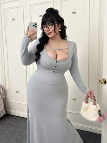 SHEIN EZwear 大尺碼女款優雅交叉領圓領長袖修身T恤與魚尾下擺裙 2件套，春/秋季 - 灰色 - 查看 3