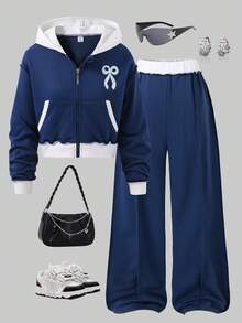 SHEIN 女童字母印花连帽棒球夹克和休闲运动裤套装 - 彩色 - 查看 1