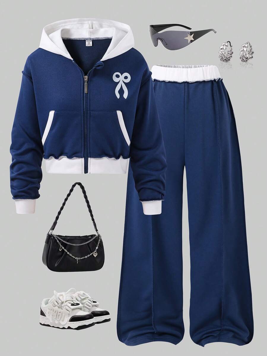 SHEIN 女童字母印花连帽棒球夹克和休闲运动裤套装 - 彩色 - 查看 1