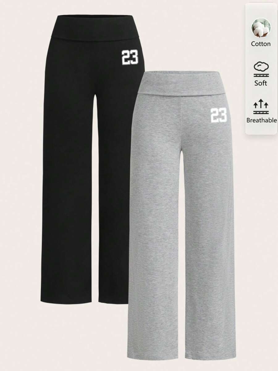 SHEIN EZwear 2 件套女式休闲高腰卷边阔腿直筒裤,黑色和灰色,23 种印花图案;适合所有季节,包括夏季、秋季和冬季;复古、可爱、柔和的女孩风格;非常适合居家、返校和秋季穿着;百搭、简约、时尚、舒适别致的女士运动装 - 彩色 - 查看 1