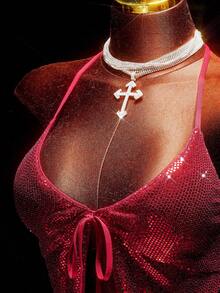 Amplova طقم ملابس علوية قصيرة ذات ترتر ذهبية باللون الأحمر الكرزي وتنورة قصيرة منخفضة الخصر، طقم نسائي مكون من قطعتين