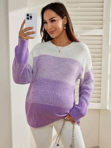SHEIN 孕妇圆领落肩长袖休闲罗纹针织套头毛衣 - 紫色 - 查看 5