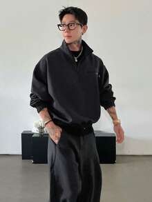 DAZY 男士纯色深灰色加厚套头卫衣套装，秋冬四分之一拉链款