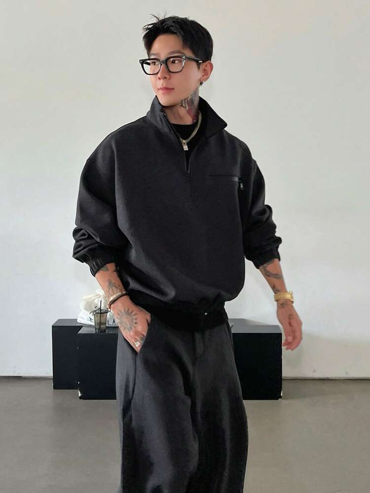 Men's Solid Dark Grey Thick Pullover Sweatshirt Set, Autumn/Winter Quarter Zip Men