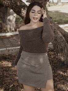 Lupita Cardoza 千鸟格印花 A 字迷你裙，节日派对女士短裙，新年，节日女士 - 咖啡棕 - 查看 6