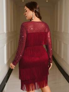 Gownix Robe à volants superposés en maille à franges, grande taille, automne/hiver - Rouge foncé - Voir 2