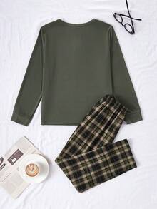 Tween Boy Brown Solid Comfortable Plaid2 Piecese Pajama Set (Long Pants & Long Sleeve) - Green - View 2