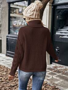 EMERY ROSE Jersey de punto casual de cuello alto,unicoloro, hombros caídos y manga larga con trenzado - Café integral - Ver 2