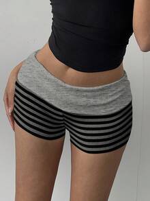 SHEIN BASICS 休闲日常简约通勤百搭复古黑灰条纹拼接撞色低腰紧身女式短裤，舒适适合春秋季 - 彩色 - 查看 3
