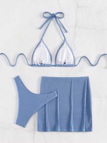 Bonvoyette Conjunto de bikini de cuello de halter de unicolor con falda tipo pareo, 3 piezas de verano para mujer