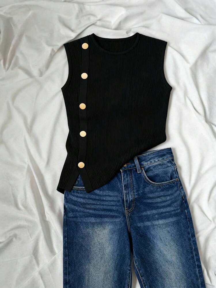 SHEIN Maija Women's Black Sleeveless Knit Top With Metal Button Accent, Minimalist And Elegant Suitable For Commuting, Business Casual And Office Wear, Perfect For Parties, New Year Gatherings, St Patrick's Day Women Easter Summer Easter Women Party Top Beach Summer Holiday Beach Vacation Summer Going Out Graduation