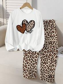 SHEIN Tween Mädchen Pyjama Set mit 2 Stücke Setn - Weißes Herz & Leoparden Muster Langarm Top und Leoparden Muster Hose, bequeme Loungewear