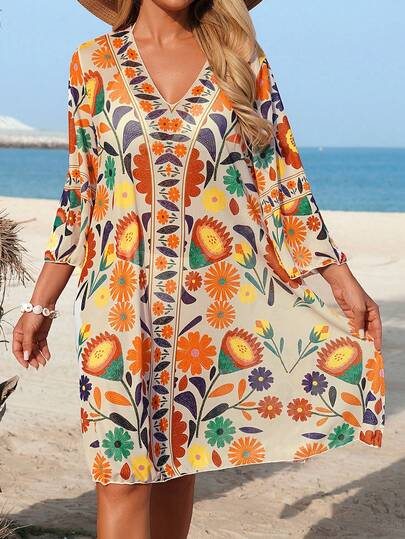 Swim Vcay Women's Deep V-Neck Long Sleeve Coverup Dress, Fashionable, Flattering, Suitable For Beach, Party, Casual Wear Swimsuit Cover Up Women Women Vacation Dress Beach Cover Up Dress Beach Kimono Orange Beach Dress