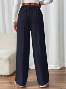 SHEIN Frenchy 大码女士休闲黑色长裤，日常通勤和外出必备，金属纽扣装饰，实用口袋，2025年新款，适合日常穿着的黑色长裤 - 藏蓝色 - 查看 6