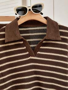 SHEIN Striped Polo Shirt & Pants Set FoTeen Girls, Suitable For Spring & Autumn - Coffee Brown - View 3
